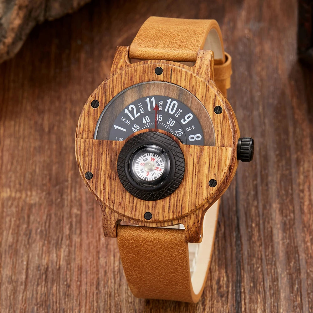 Turntable Compass Creative Wood Watch | Men's Dial in Real Walnut, Ebony, Bamboo | Unique Wooden Watches for Men | Brown and Black Wrist Clock