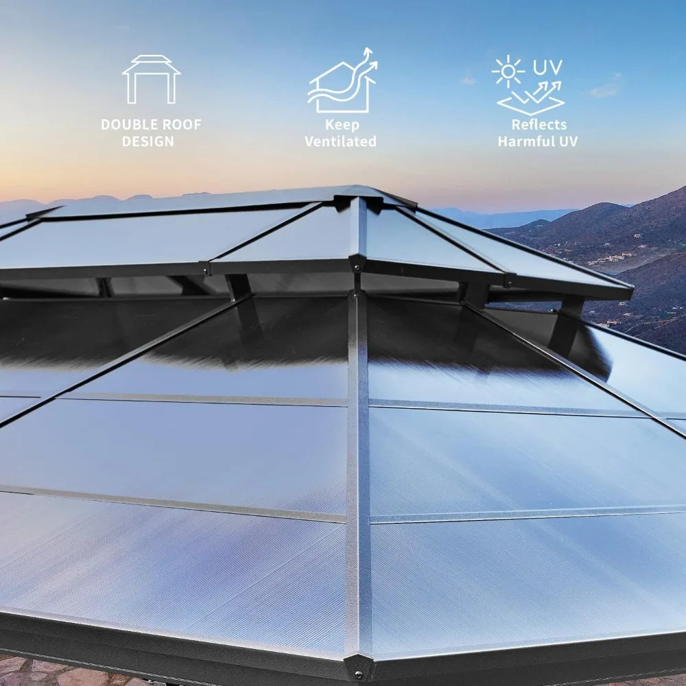 10'x13' Hardtop Gazebo | Outdoor Polycarbonate Double Roof Canopy with Aluminum Frame and Curtains | Permanent Pavilion with Pergola Design