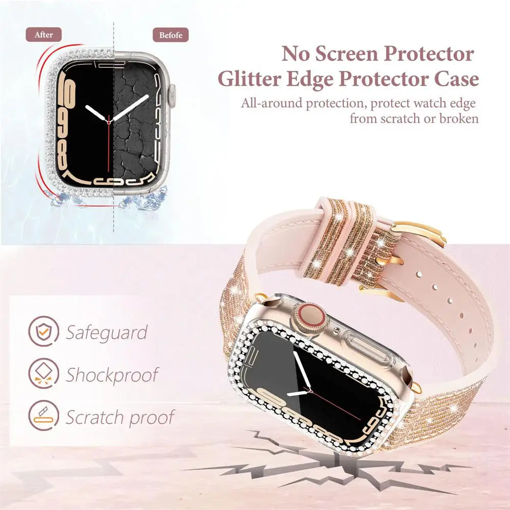 Silicone Leather Strap for Apple Watch | Ultra 49mm Band 44mm 41mm 45mm 40mm 42mm | Correa Diamond Case IWatch Series 8 7 SE 6 5 4