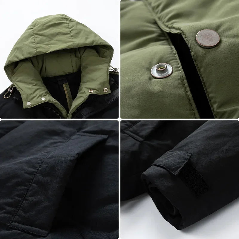 2024 Winter Cargo Hooded Down Jacket for Men | 85% White Duck Down Thickened Casual Loose Fit | Warm Zipper Jacket