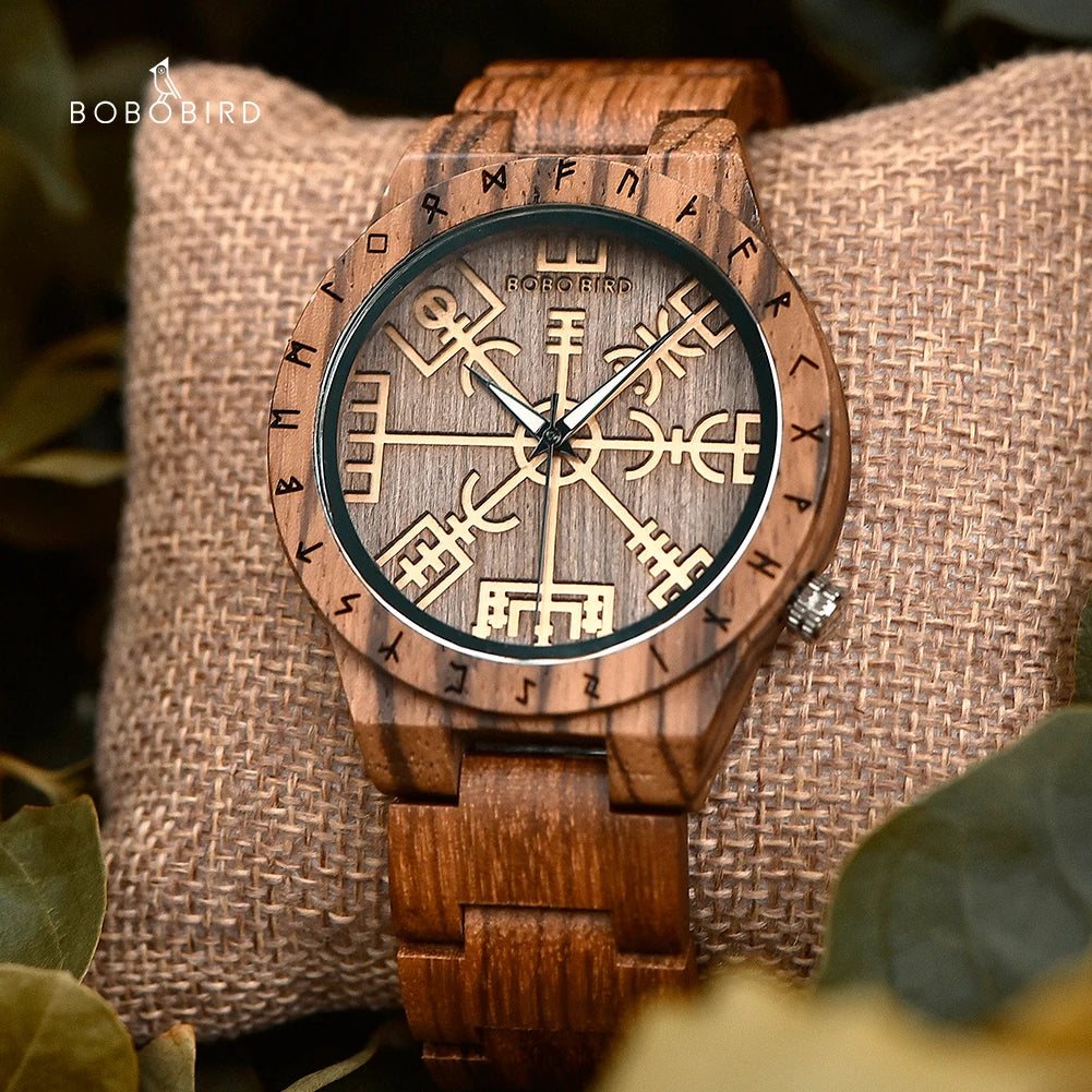 Viking Vegvisir Man's Wooden Watches | Vintage Watch for Men | Wood Clock with Norse Mythology Design