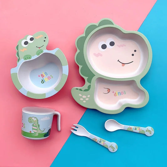 5 Pcs Cute Dinosaur Cartoon Pattern Bamboo Fiber Children Baby Kids Solid Food Feeding Tableware Set Plate Cup Bowl Fork Spoon | Eco-Friendly Toddler Dining Set