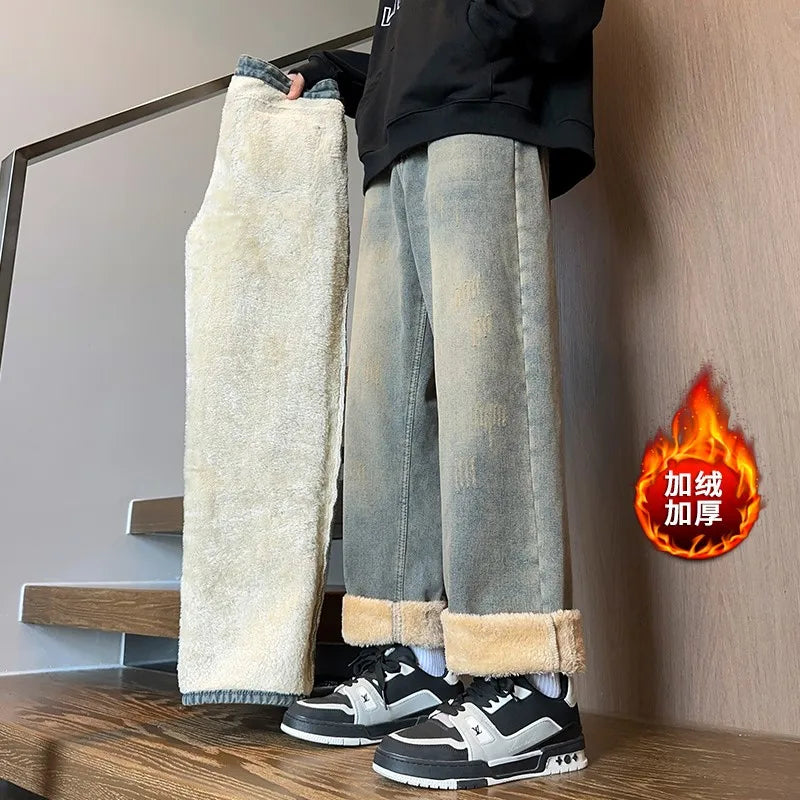 Winter Fleece Wide Leg Jeans for Men & Women | Straight Casual Fashion Denim Trousers | Thick Warm Hip Hop Streetwear Pants in 3XL-M