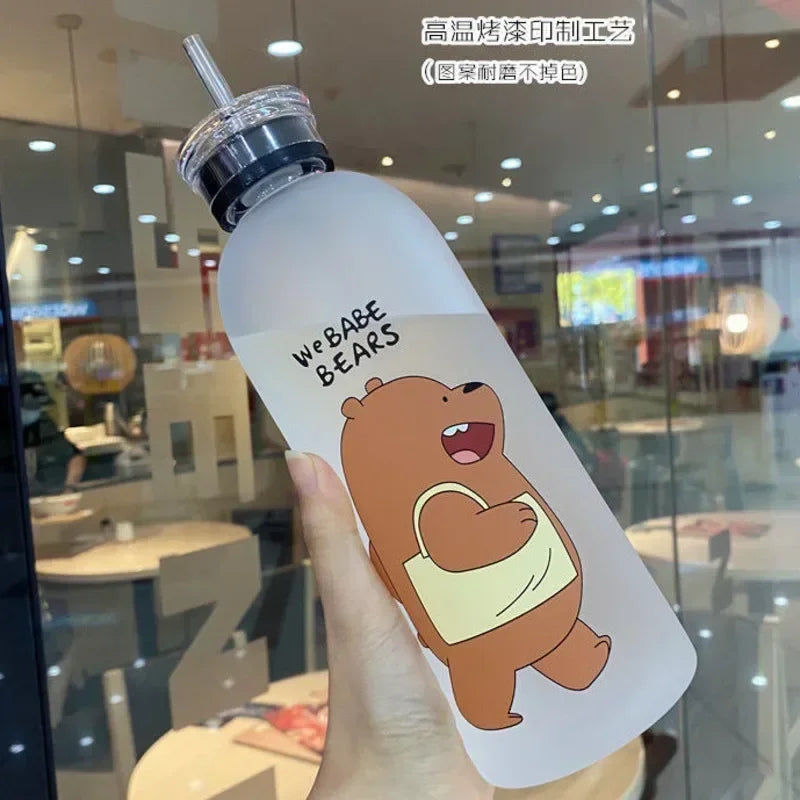 Cartoon Panda Bear Cup 1L Water Bottles | Transparent Cute Drinkware with/without Straw | Frosted Leak-proof Protein Shaker | Alo Trendy