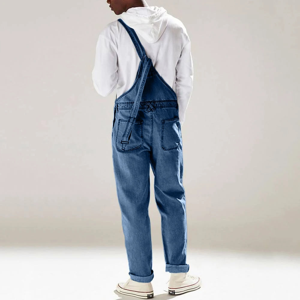 Streetwear Men's Solid Color Multi-pocket Denim Bib Overalls | Casual Daily Denim Jumpsuit | Fashion Male Suspender Long Pants