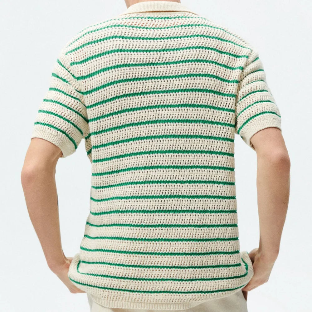 Men's Crochet Knit Polo Shirt | New Summer Knitted Sweater Striped Woolen Casual POLO Shirt with Lapel and Button