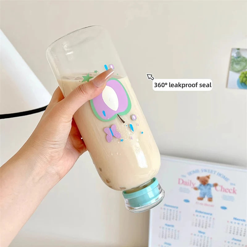 Kawaii Glass Straw Water Bottles For Girls | Transparent Glass School Leakproof Heat Resistant Juice Milk Tea Drinkware Water Cup | Alo Trendy