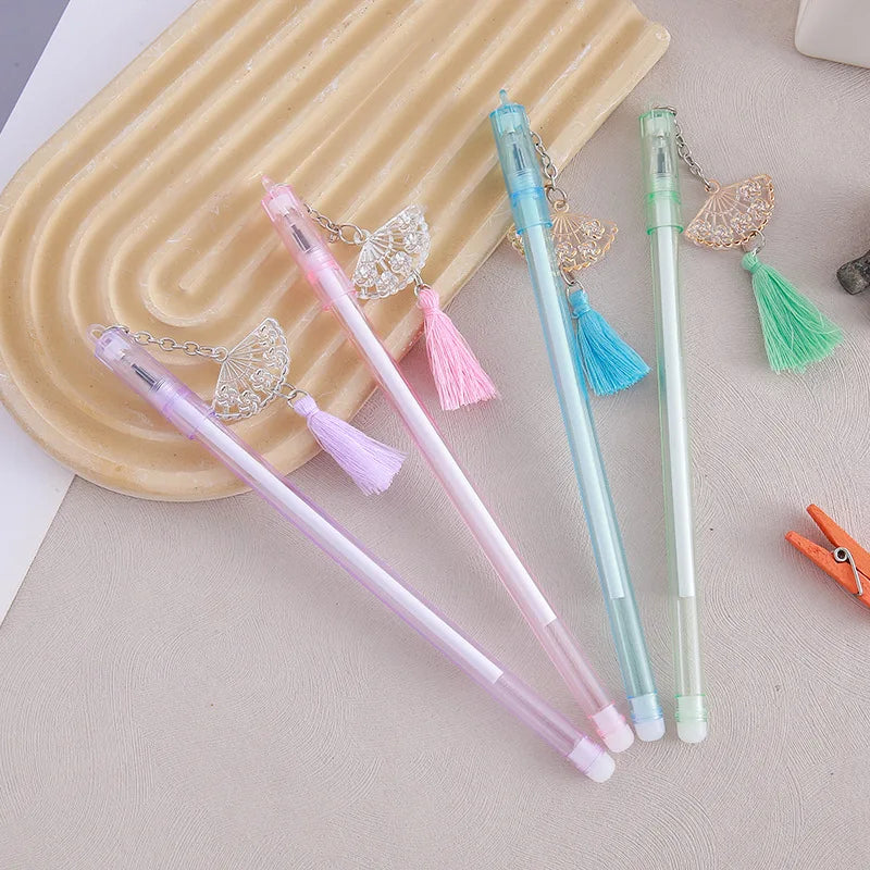 4pcs/Pack Cute Gel Pens for Student Kids Girl | Writing Pens Pendant Crystal Fans Kawaii Stationery | 0.5mm Black | Alo Trendy