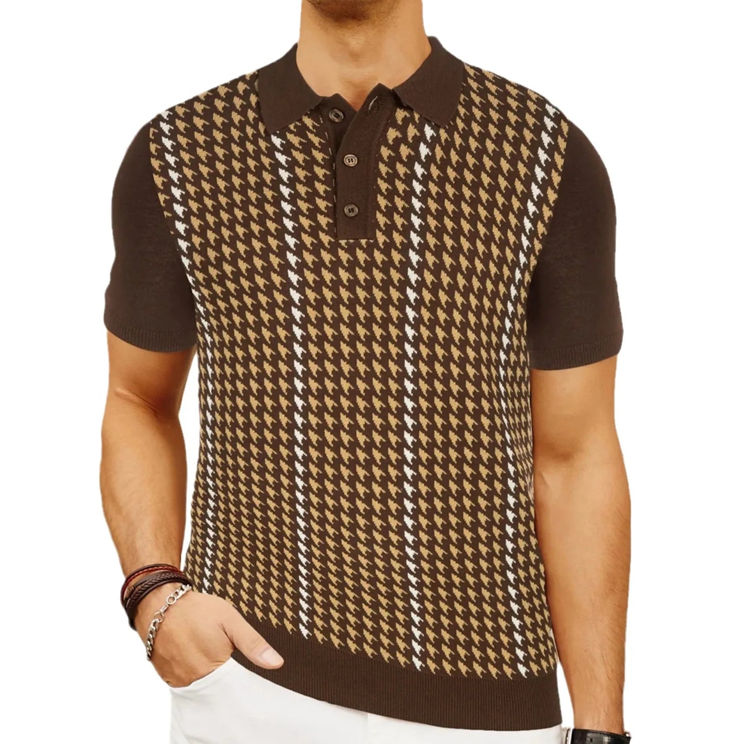 Men's Vintage Knit Houndstooth Golf Shirts | Summer Polos Para Hombres | Casual T-Shirt Men Polo Shirts | Old Money Style