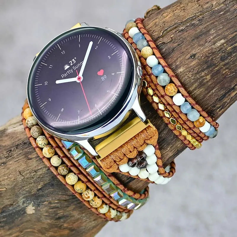 20mm 22mm Bohemian Natural Stone Crystal Weave Watch Band | Compatible with Amazfit Bip GTS GTR Pro, Galaxy Watch 4 42mm/46mm, GT2 Pro