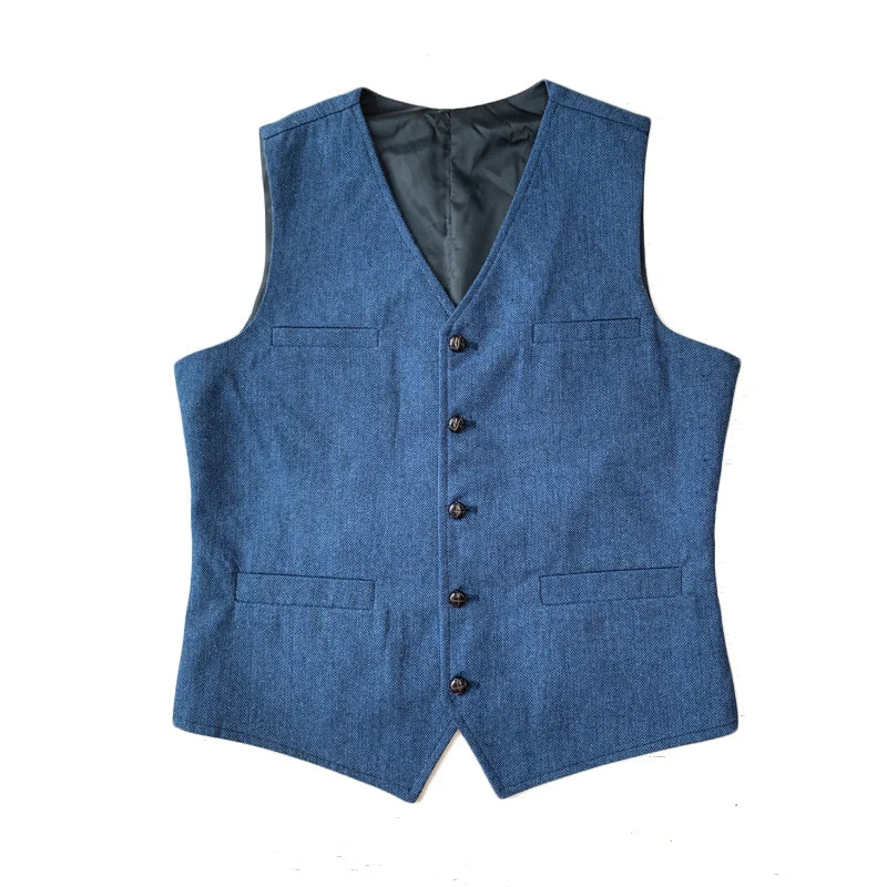 Men's Suit Vest | Blue Single Breasted Woolen Blended Vest | Denim Jeans Waistcoat Jacket | Slim Fit Casual Formal Business Attire