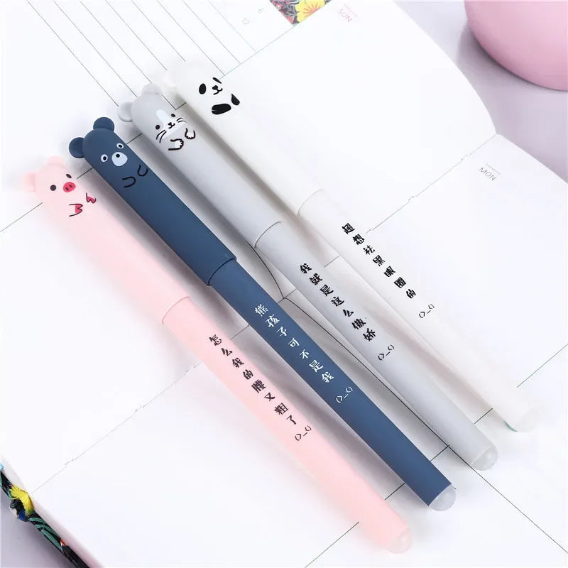 Kawaii Pig Bear Cat Mouse Erasable Gel Pen Set | School Office Supplies Stationery Gift 0.35mm Blue Black Ink | Alo Trendy