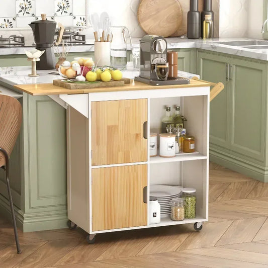 Wood Rolling Kitchen Island Table on Wheels with Drop Leaf and Storage Cabinet