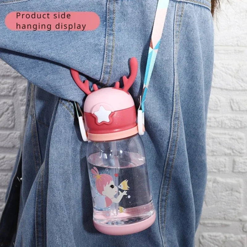 600ml Antler Sippy Cup Kawaii Water Bottle with Straw | Portable Kids Leakproof Jug Outdoor Sports Bottles | Children's Drinkware Alo Trendy