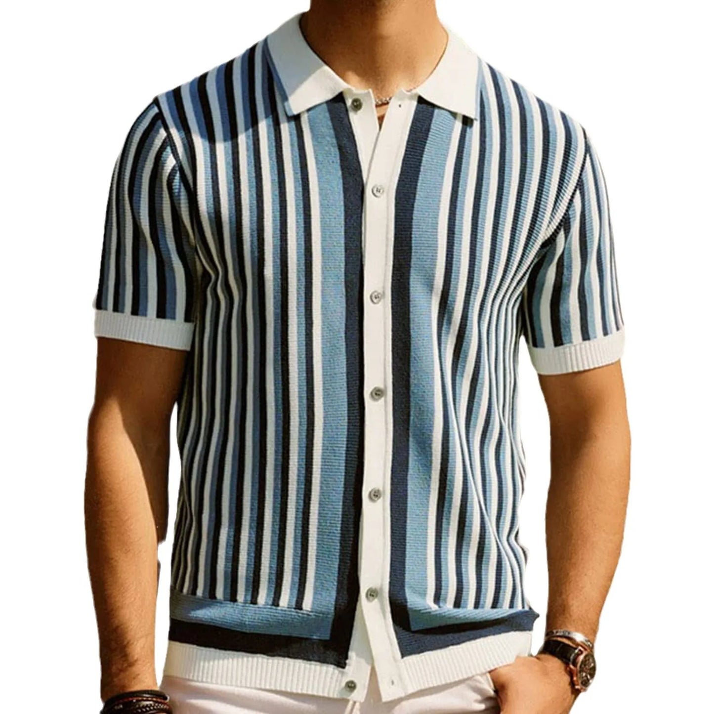 Men's Striped Polo Shirts | Summer Breathable Knit Shirt for Men | 70s Vintage Cardigans | Short Sleeve Button Down Clothing