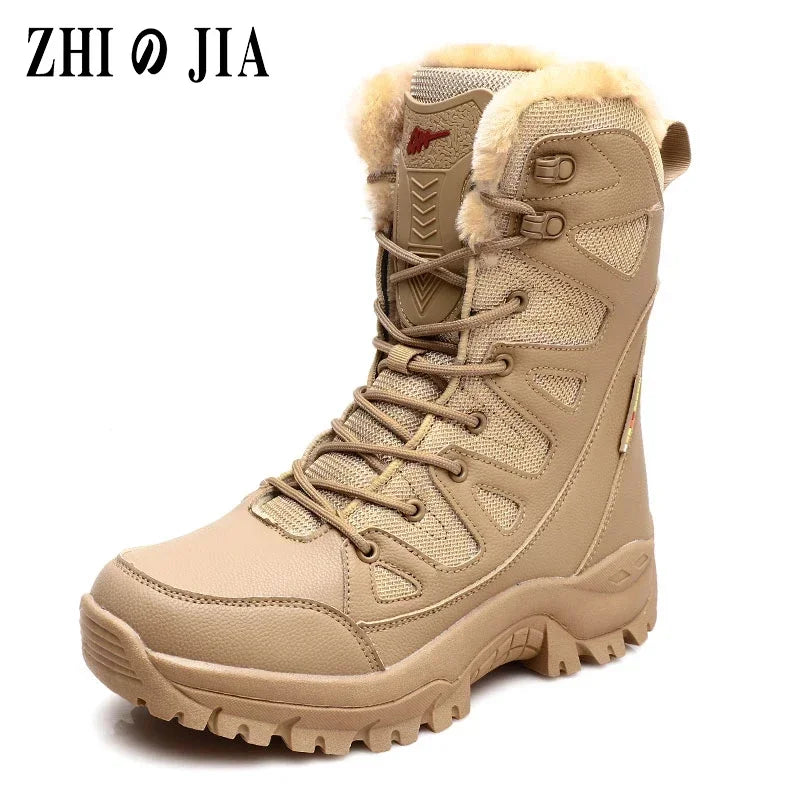 New Men’s High-Top Winter Boots | Waterproof Snow Boots with Warm Plush Lining | Lace-Up Anti-Slip Army Work Ankle Boots