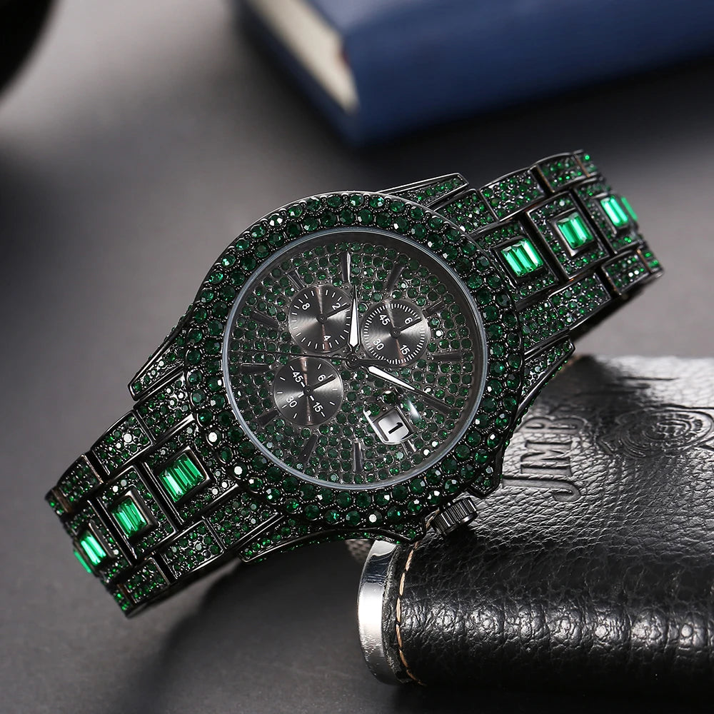 Luxury Men's Green Watches | Automatic Date Fashion Waterproof Quartz Wrist Watches | HipHop Iced Diamond Reloj