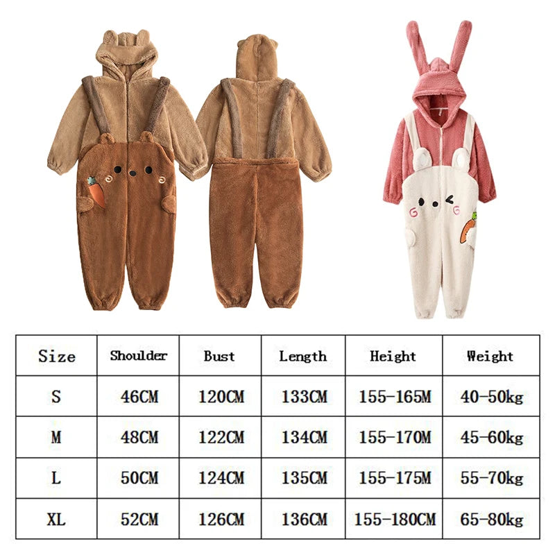 Winter Cute Plush One Piece Pajamas Women's Cartoon Carrot Bear Warm Hooded Zippered Pajamas Student Kawaii Couple Home Wear