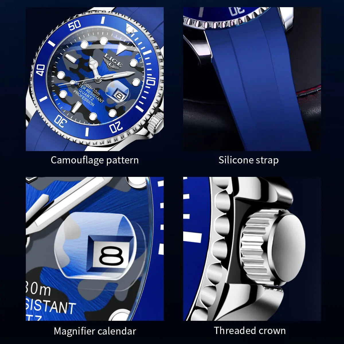 Fashion Men's Watches | Top Brand Luxury Quartz Wristwatch | Sport Navy Blue Camouflage Silicone Watch for Men | Relogio Masculino