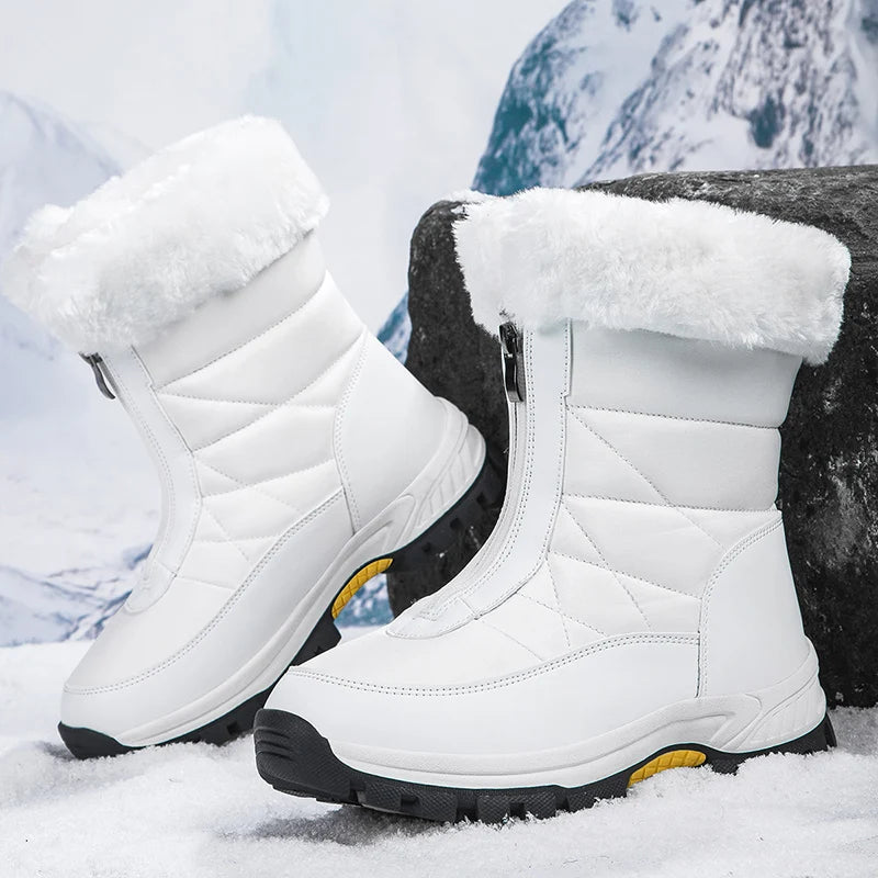 Winter New Women's Boots | Thick-Soled Warm High-Cut Snow Boots with Waterproof Fur Lining | Comfortable Plush Outdoor Walking Shoes in White