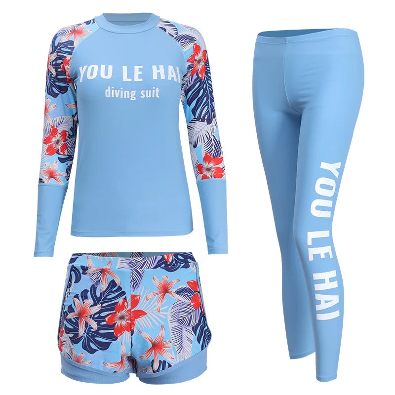 Three Pieces Swimwear Women Conservative Long Sleeve Swimsuit With Shorts And Trousers | Beach Wear Swimming Suit Rashguard | Alo Trendy