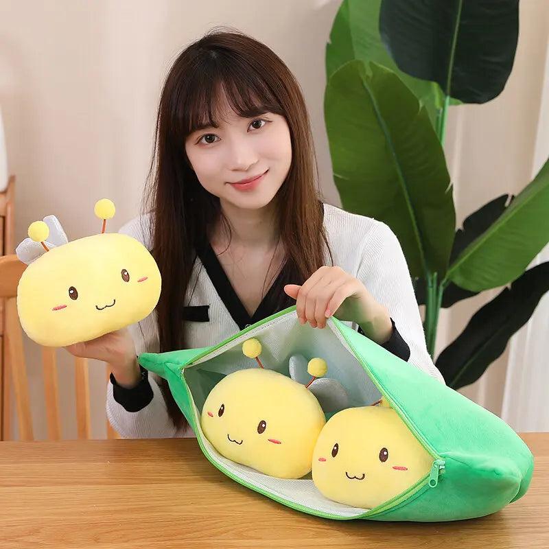 Cute Kids Baby Plush Pea Inside with Bee Toy | Stuffed Plant Doll Kawaii Gift for Children | Pea-Shaped Pillow Toy for Boys and Girls