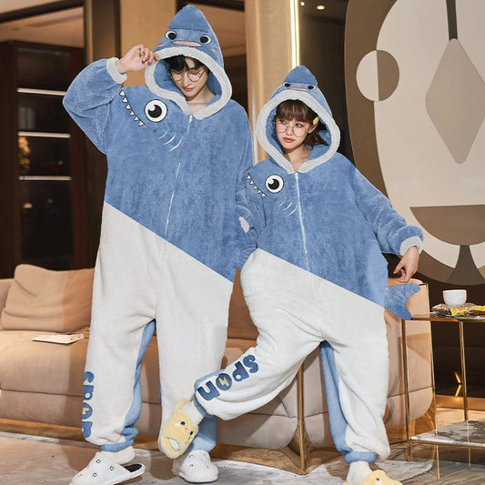 Winter Couples Pajamas Jumpsuits Onesie Adult Women Men Warm Thicken Sleepwear Cartoon Rabbit One-Pieces Lovers Pyjamas Hoodie