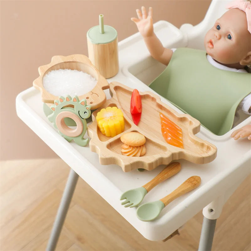 Baby Wooden Tableware Feeding Set | Bamboo Dinosaur Plate Bowl Silicone Wooden Handle Fork Spoon Baby Dinnerware Feeding Supplies | Alo Trendy