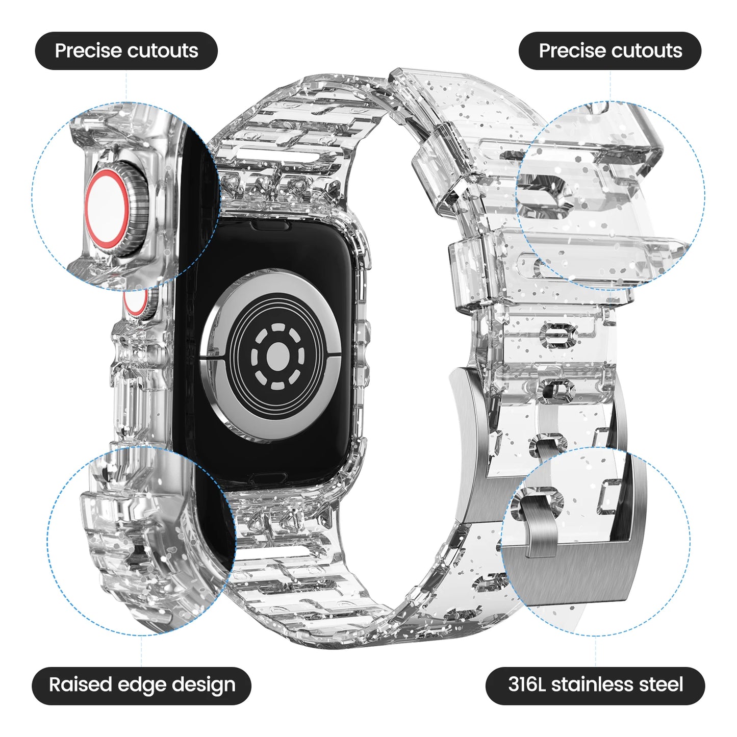 Clear Band + Case for Apple Watch Series 8, 7, 6, SE, 5, 3, 2 | Soft Transparent Silicone Strap for iWatch | Available in 40mm, 44mm, 42mm, 41mm, 45mm, 38mm